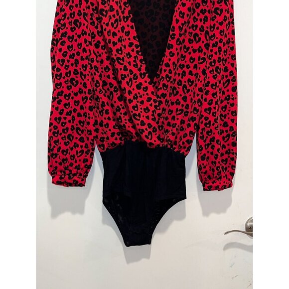 Lucy Paris Red/Black Leopard Print Long Sleeve Deep V-Neck Bodysuit Women's S - Picture 4 of 11